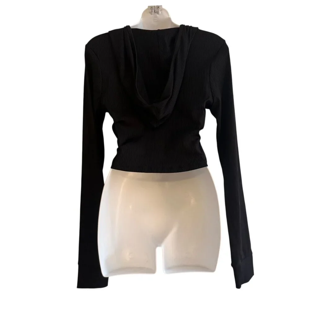 Forever 21 Ribbed Black Cropped Hoodie Top | Size L | Excellent Condition - Picture 6 of 8